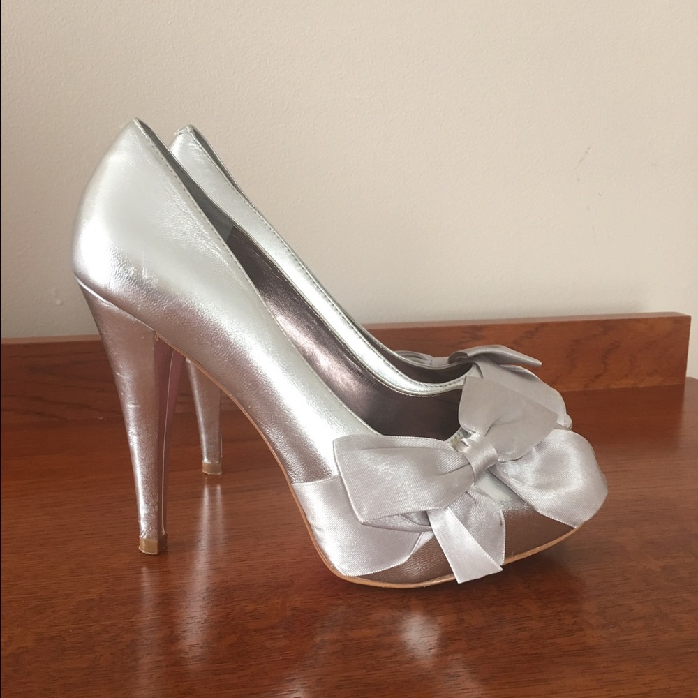 Paris Hilton Silver Satin Bow High Heels
